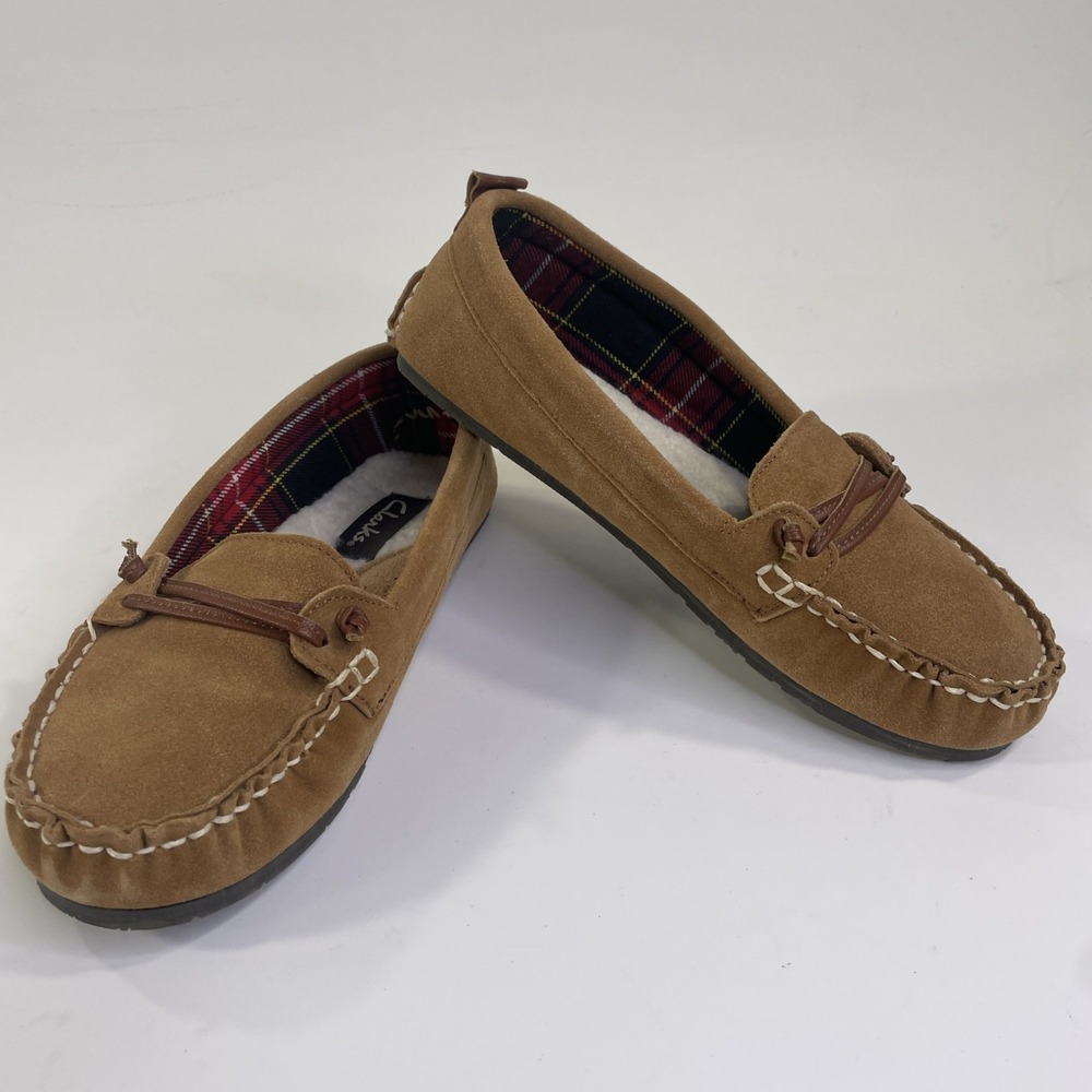 CLARK'S Women's Sz 9M Suede Leather LOAFERS Moccasin Slippers Flannel Lined